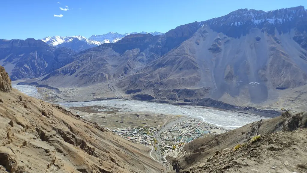 view of town from a high mountain town name is kaza snow blue sky