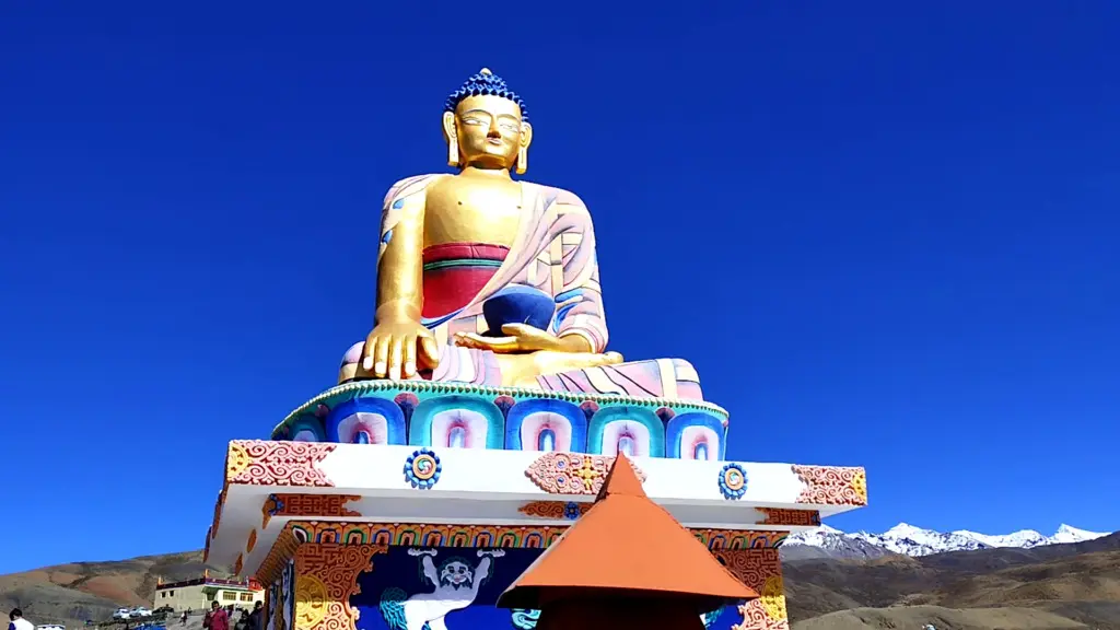 very well crafted and colorful statute of buddha in mountain village of langza