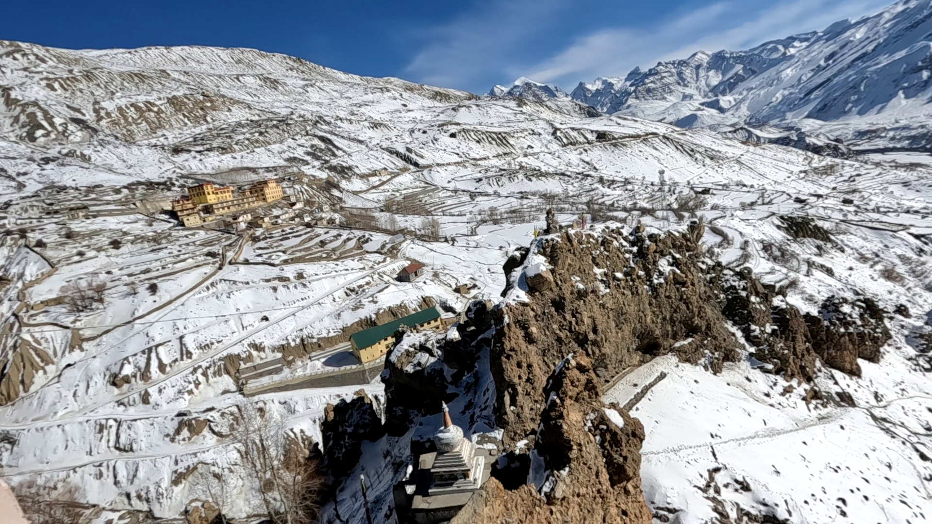 winter view of dhankar village from monastery snow covered mountains