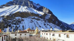 snow covered tabo monastery and town in lahaul spiti during winter spiti