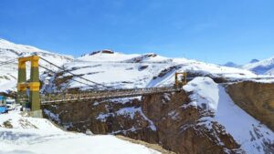 chicham bridge in kaza spiti valley in winter covered with snow