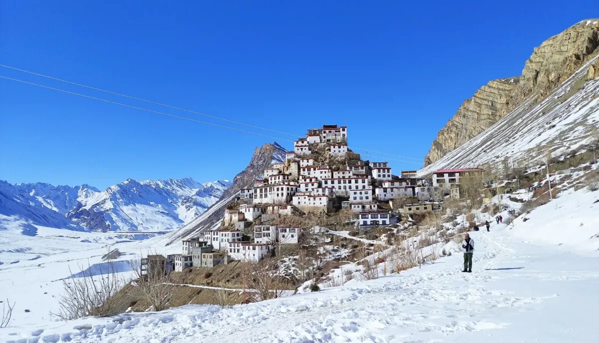 winter view of key monastery in winter kaza spiti valley