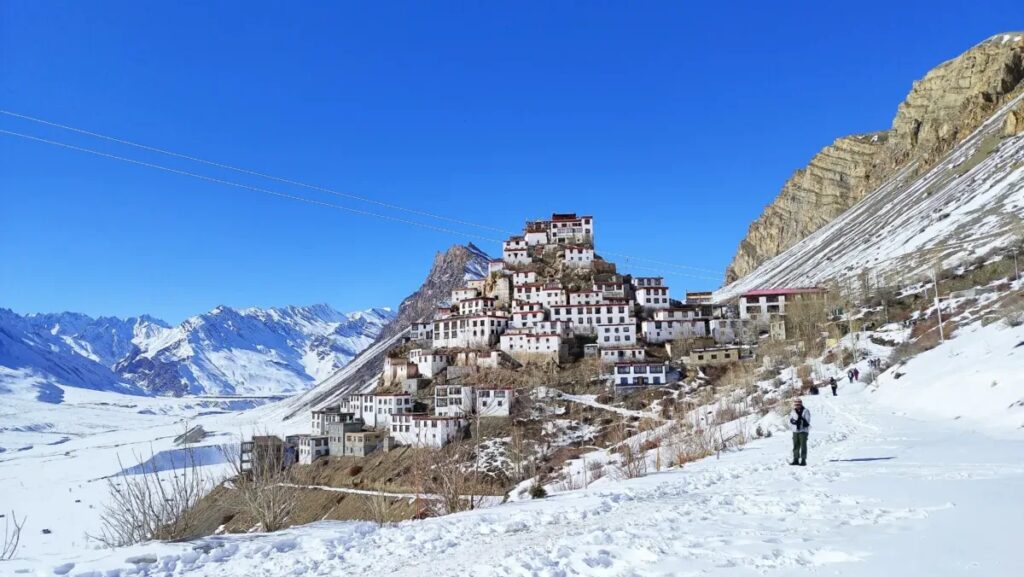 winter view of key monastery in winter kaza spiti valley
