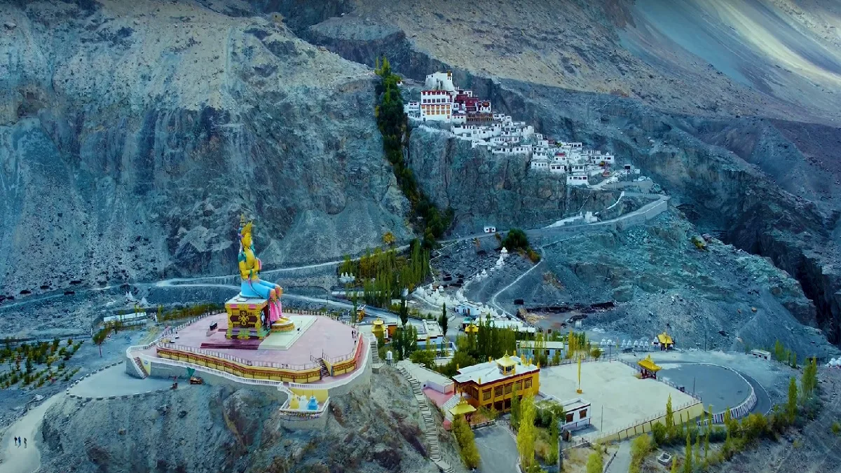 diskit monastery in nubra valley leh arial view of Buddha statue