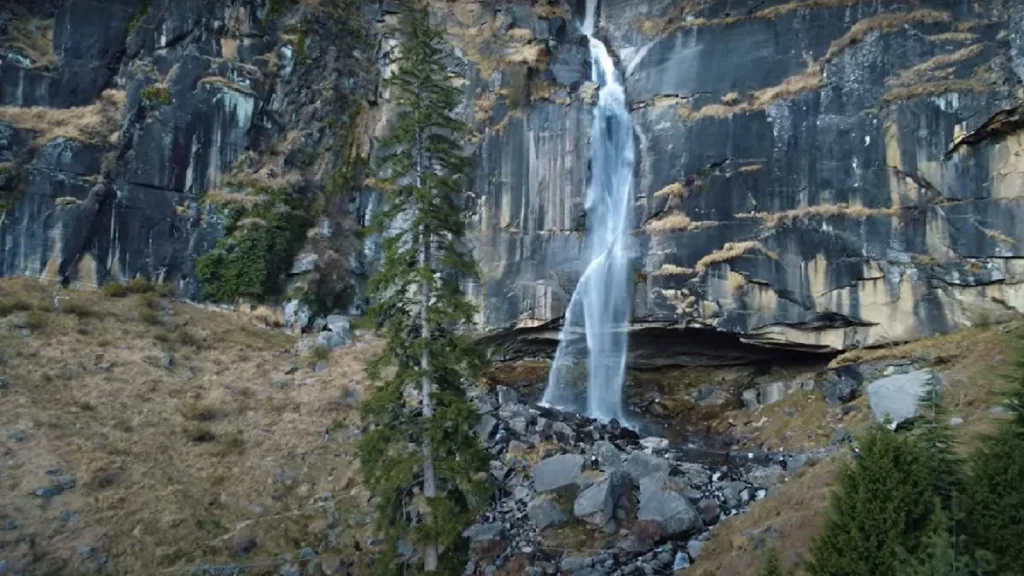 waterfall on a high mountain jogini water fall in manali