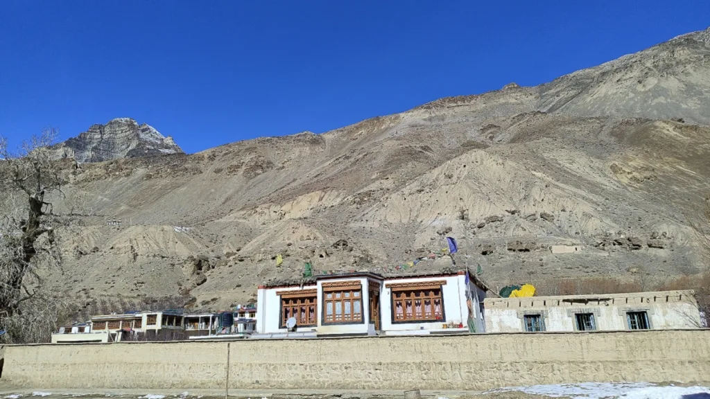 view of tabo caves on mountains in spiti valley