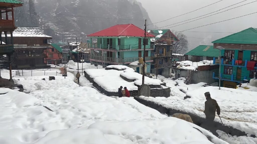 snow covered streets of malana village in winters near kasol