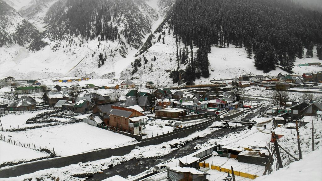 Sonamarg-kashimr snow covered sonamarg, house, river, mountains