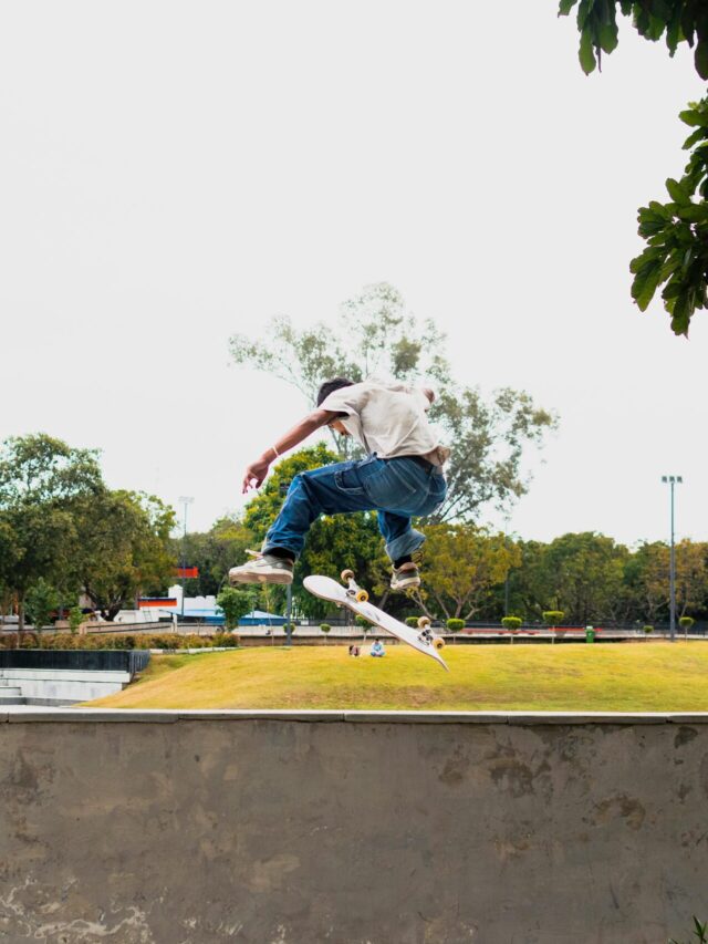 A skateboarder performs an impressive trick at a skate park in Chandigarh, India.